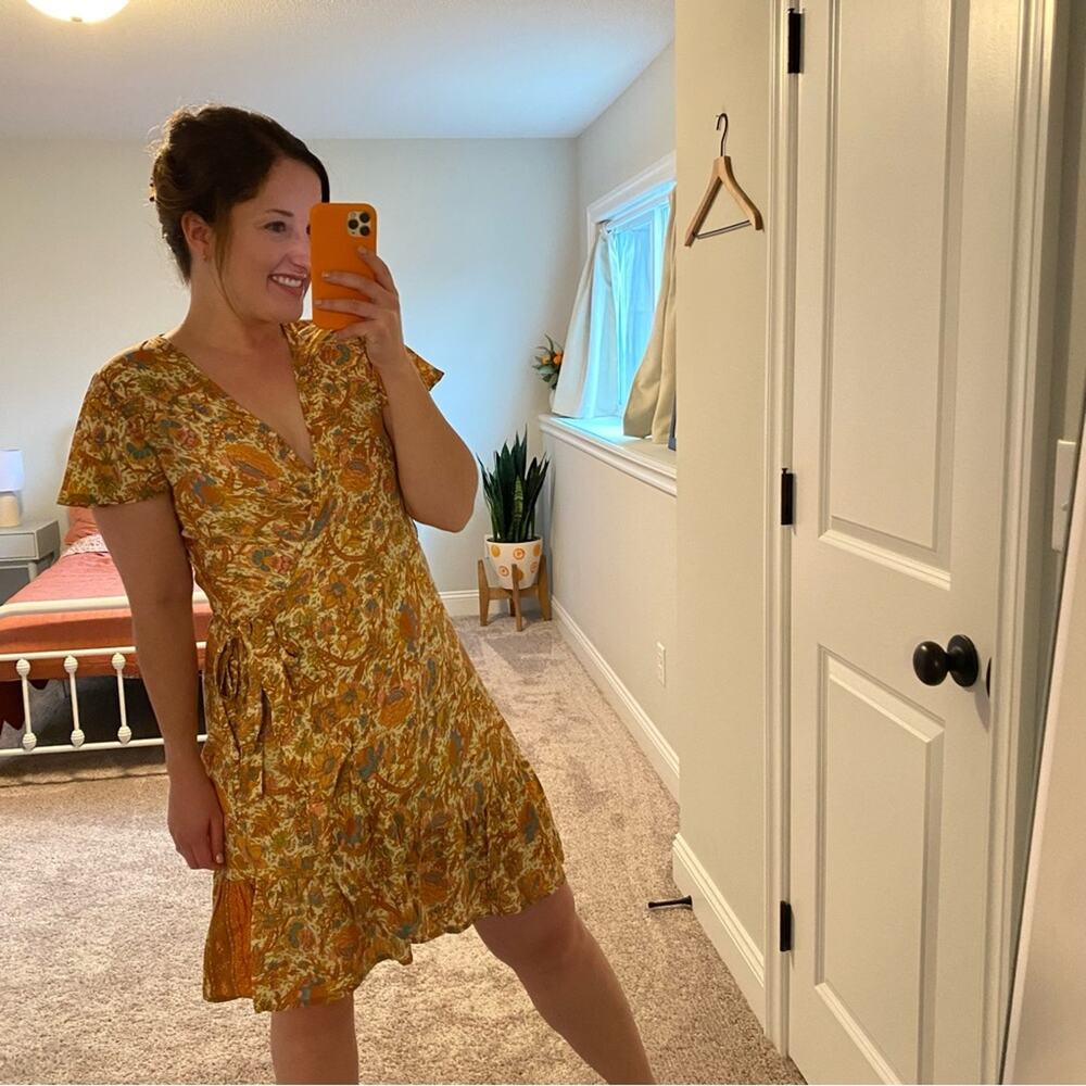 Perry Walker Collective Orange Floral Silk Blend Wrap Mini Dress Medium - Picture 5 of 14